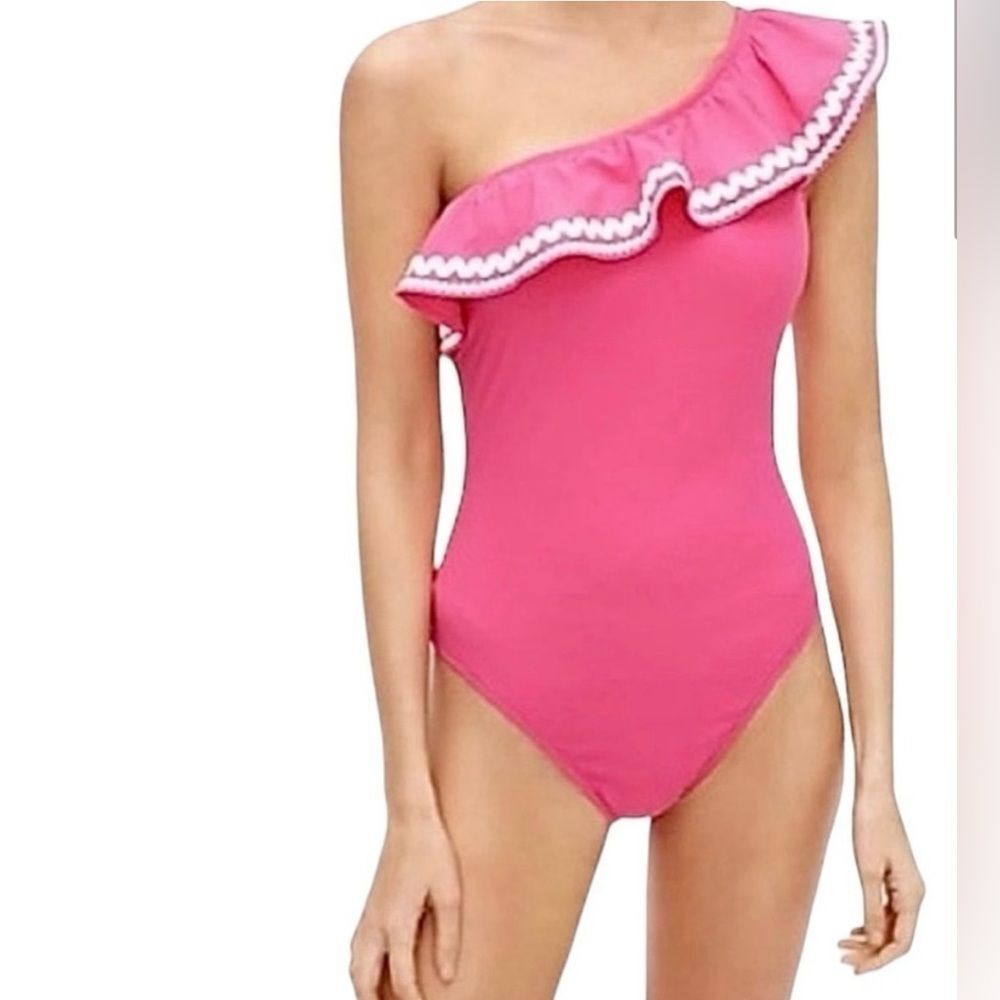 J. Crew Pink & White One Shoulder Ruffle One Piece - Size 16